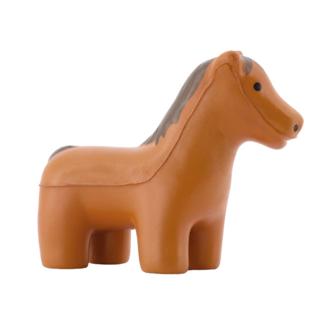 A brown horse-shaped stress reliever with a grey mane, featuring simple details and a rounded design.