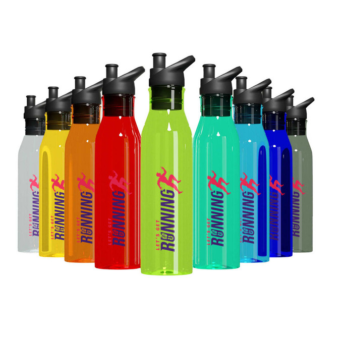 A drink bottle collection in various colors, including red, orange, yellow, green, blue, and clear, with a logo.