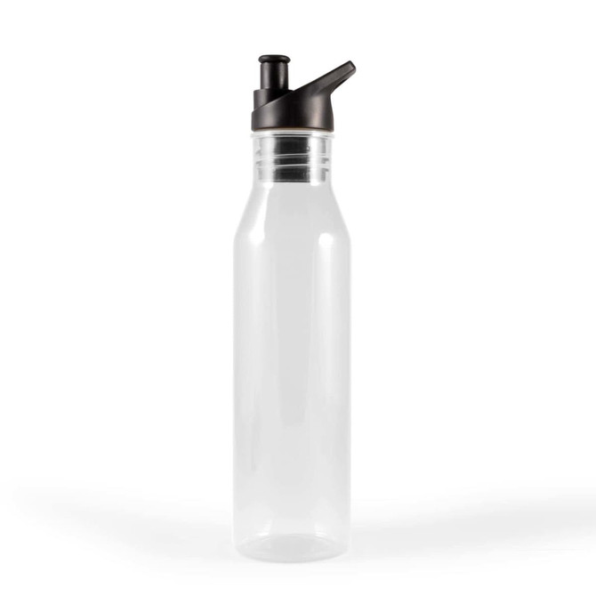A drink bottle in transparent material with a black spout and lid, featuring a simple design.