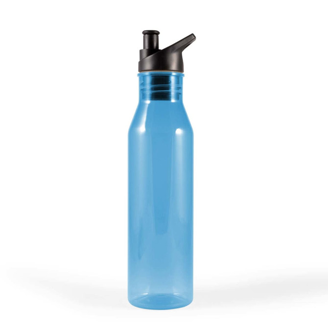 A drink bottle in a transparent blue color with a black spout and an attached lid. It has a logo on it.