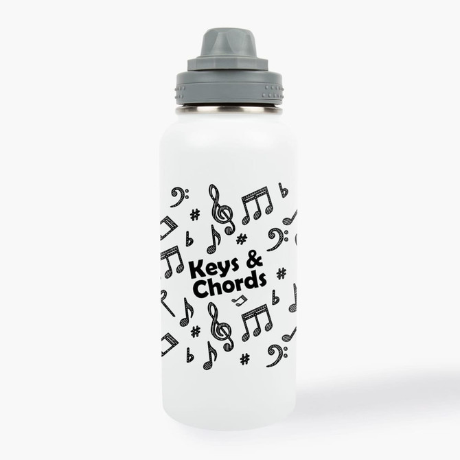 A drink bottle featuring a white design with musical notes and a gray cap. It includes a logo.