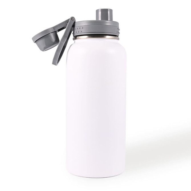 A drink bottle in white stainless steel, featuring a grey cap and a logo on the side.