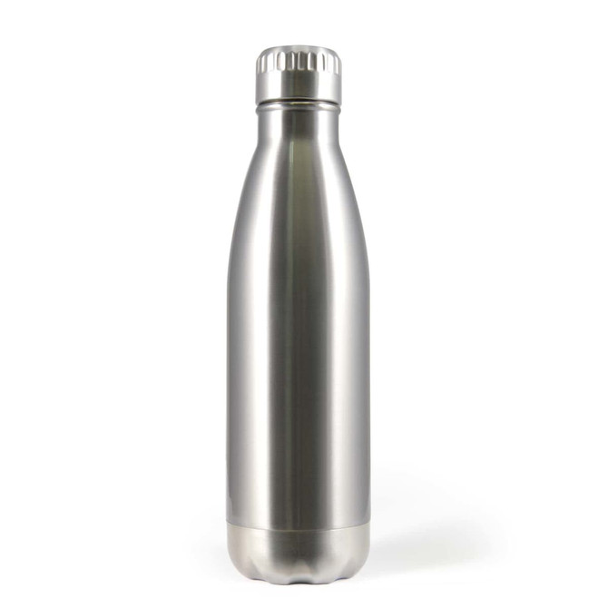 A drink bottle made of stainless steel with a sleek, polished surface and a screw-top lid.