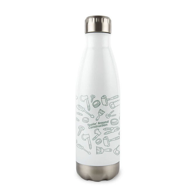 A drink bottle in white with a metallic silver lid, featuring a graphic design of construction tools.
