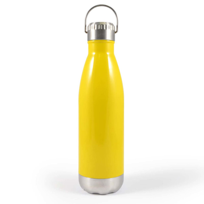 A drink bottle with a sleek yellow exterior and a stainless steel base, featuring a hanger lid for easy carrying.