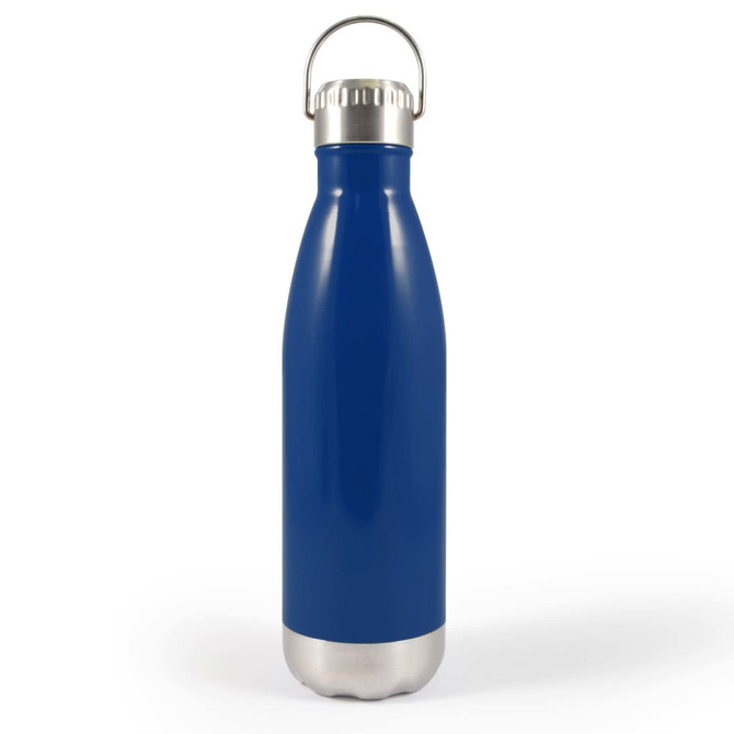A drink bottle with a sleek blue exterior and a stainless steel bottom, featuring a silver hanger lid for easy carrying.