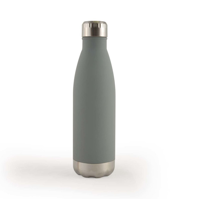 A drink bottle in a sleek gray color with a stainless steel base and a smooth matte finish.