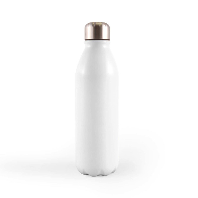 A drink bottle made of aluminum, featuring a sleek white finish and a metallic cap, designed for beverage storage.