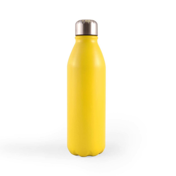 A drink bottle made of aluminum, featuring a vibrant yellow color and a stainless steel cap.