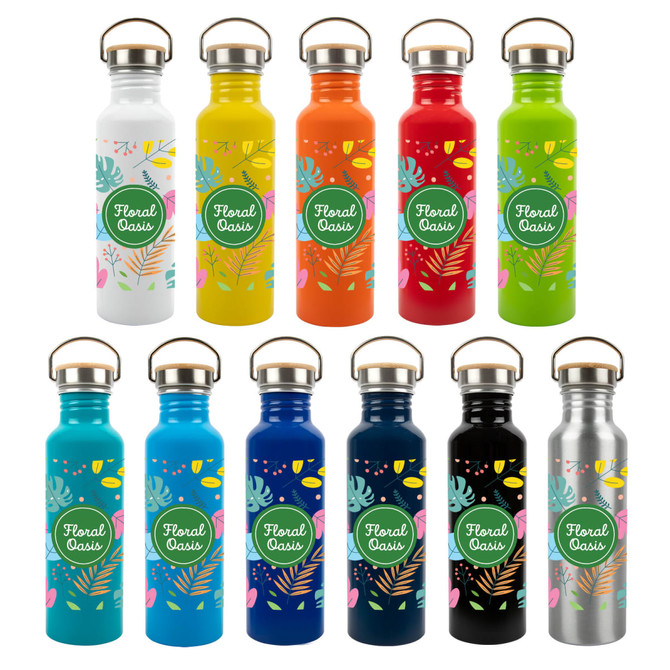 A drink bottle collection featuring various colors including white, yellow, orange, red, green, blue, black, and silver with branding.
