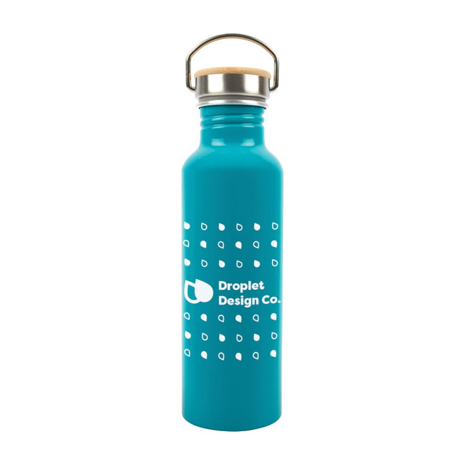 A drink bottle in turquoise with a stainless steel lid and a logo prominently displayed on the front.