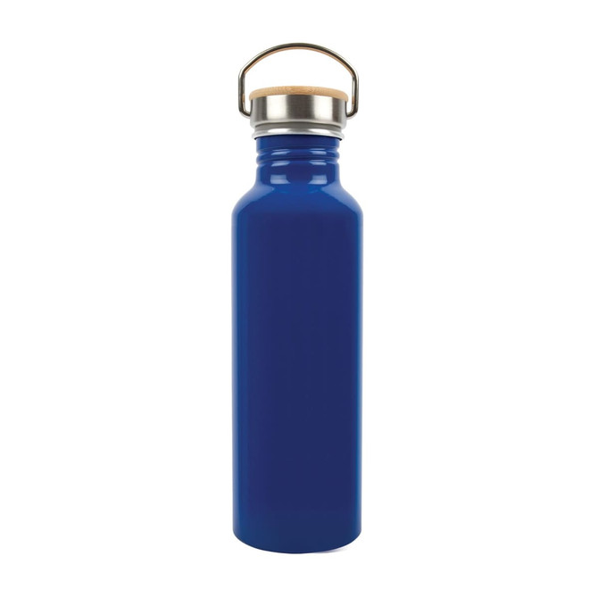 A drink bottle made of recycled aluminum, featuring a shiny blue finish and a silver metal cap with a handle.