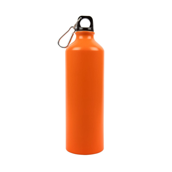 A drink bottle in bright orange, featuring a secure lid and a carabiner attachment. It has a logo.