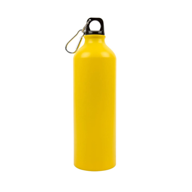 A drink bottle made of aluminum, featuring a bright yellow color and a top with a carabiner clip.