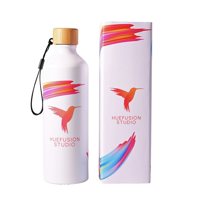 A drink bottle in white with a bamboo lid, featuring a colorful design and a logo.