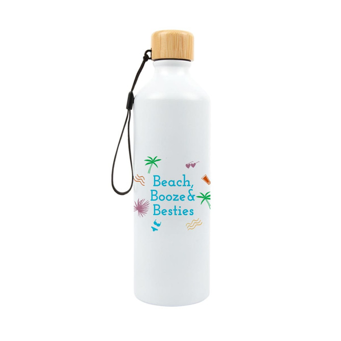 A drink bottle in white with a bamboo lid and a logo. Features colorful graphics of palm trees and beach-related elements.