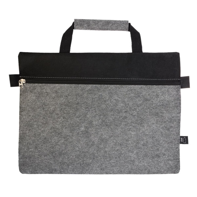 A grey felt satchel with a black top panel, featuring a zippered pocket and a short handle. It has a logo.