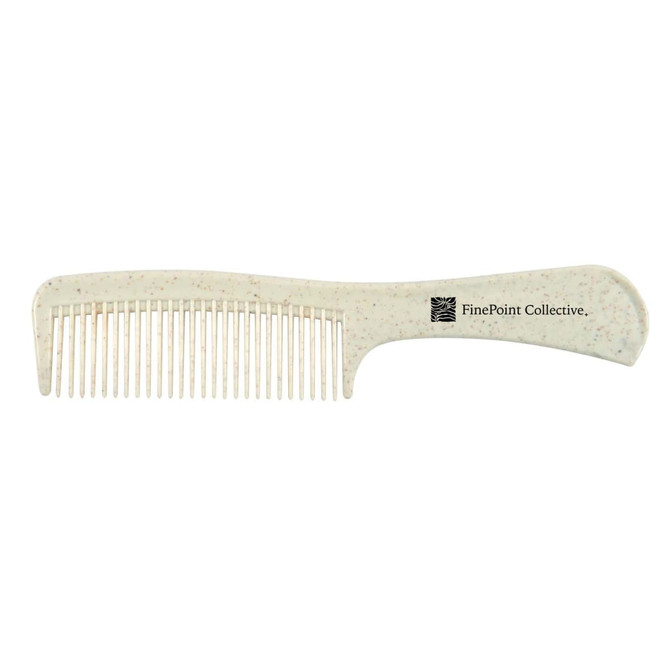 A white comb with a textured finish and a logo on the handle.