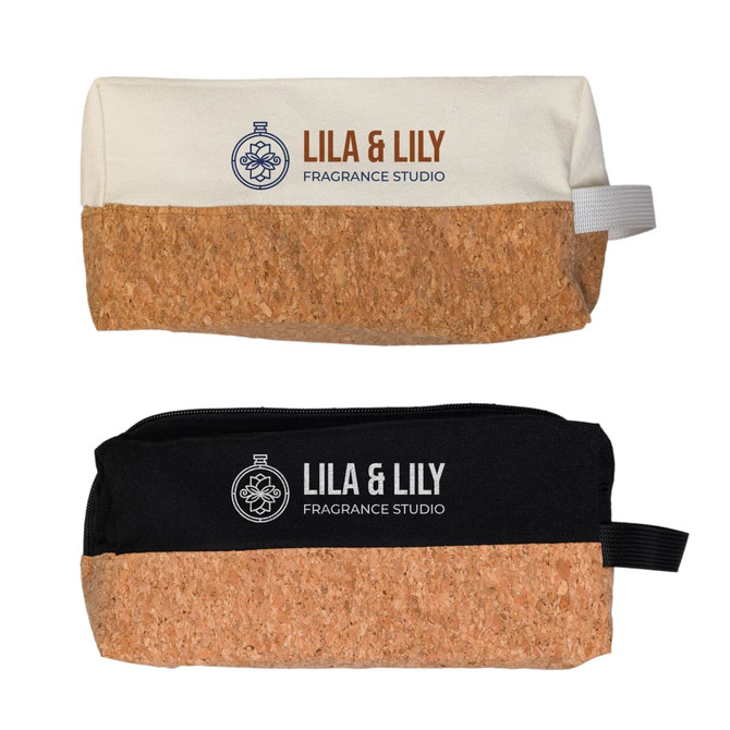 A cotton and cork utility pouch in cream and black, featuring a logo. The pouch has a zipper and a handle.