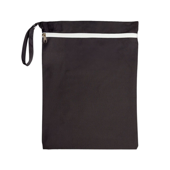 A black wet bag with a white zipper and a side handle, featuring a branding logo.