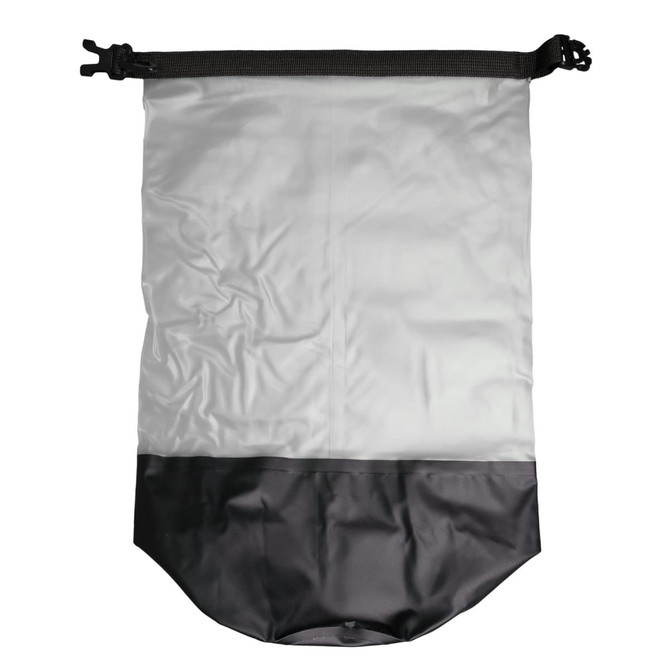 A waterproof bag features a clear upper section and a black lower section, equipped with a secure closure.