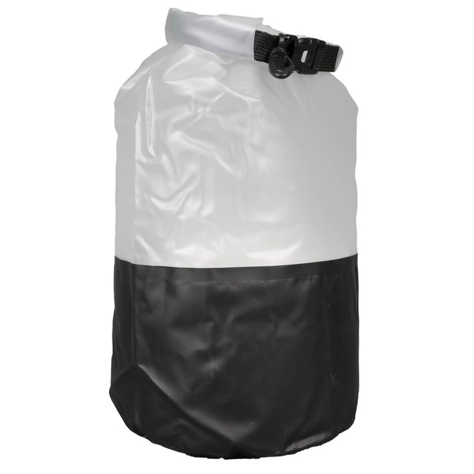 A waterproof bag in white and black, featuring a roll-top closure and a clip. It has a logo on it.