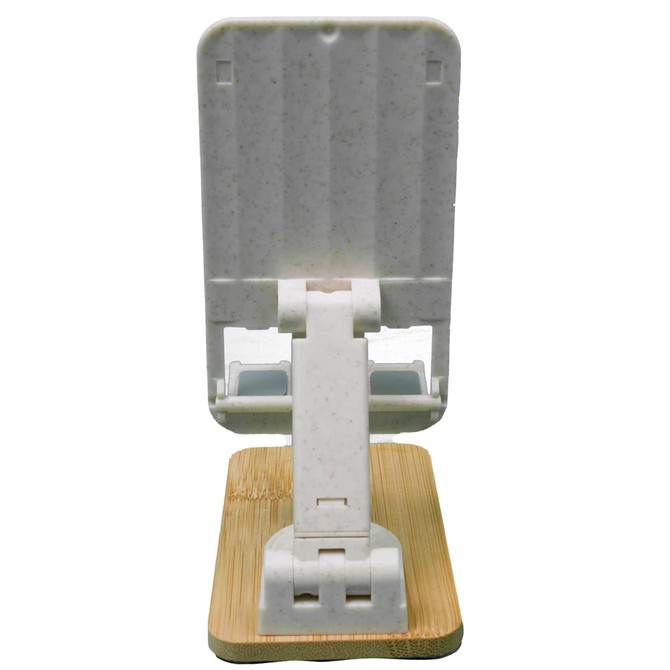 A white phone stand with a bamboo base, designed for holding mobile devices securely.