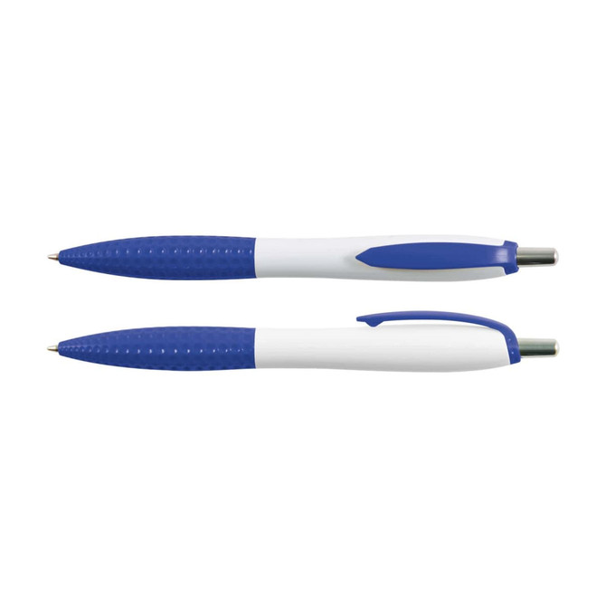 A set of Mac Pens in a blue and white color scheme, featuring a textured grip and a retractable design.