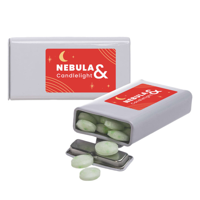 A mint tin with a silver exterior and red label, containing light green spearmint mints.