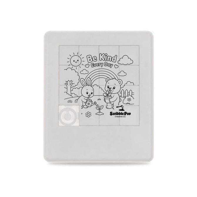 A sliding tile puzzle featuring a bear and a bunny planting flowers, with a sun and rainbow in the background. White frame.