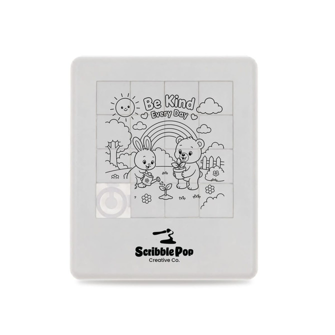 A sliding tile puzzle featuring a black and white illustration of animals in a garden with a sun and rainbow. The puzzle has a logo.