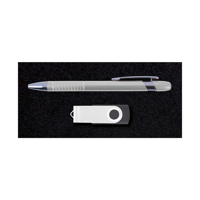 A silver pen and a white USB drive displayed on a black background, part of the Alliance Gift Set.