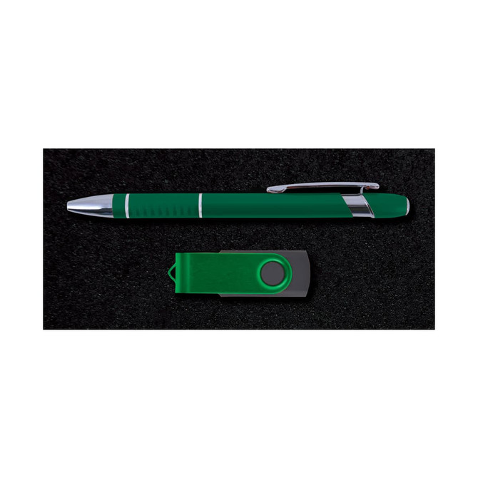 A green pen and a green USB flash drive are displayed in a gift set.