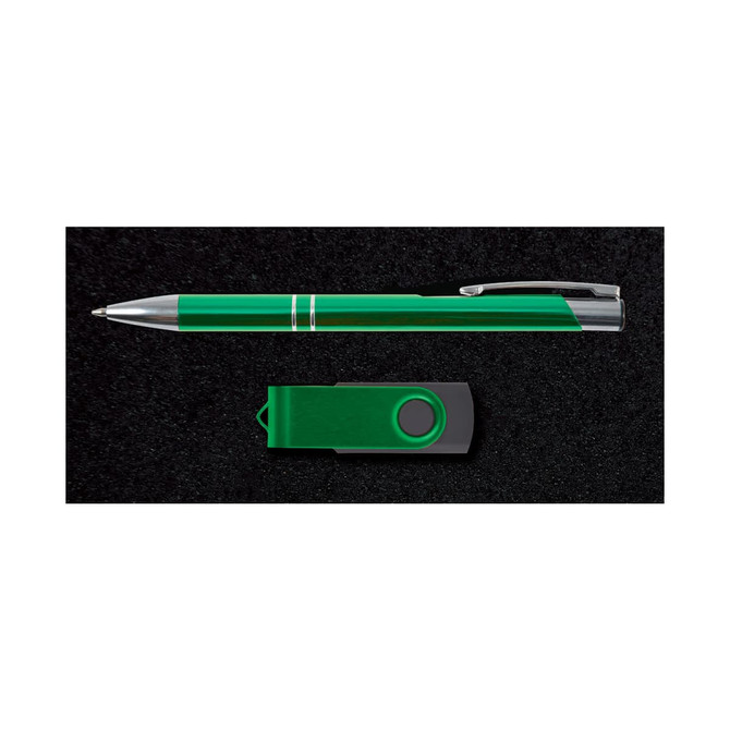A green pen and a green USB drive are displayed together in a promotional gift set.