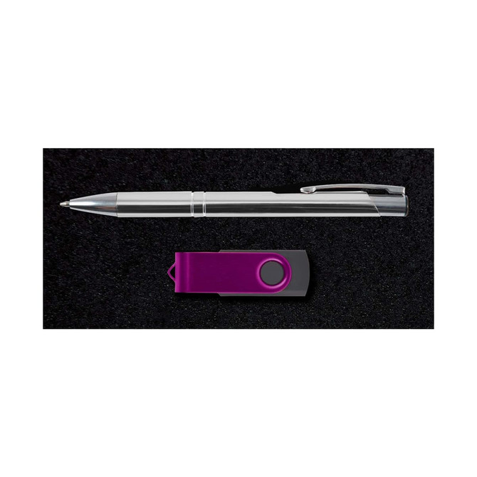 A sleek metallic pen and a purple USB flash drive in a black presentation box, part of the Bellman Gift Set.