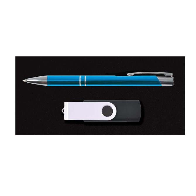 A blue and silver pen alongside a black and white flash drive, placed on a dark background.