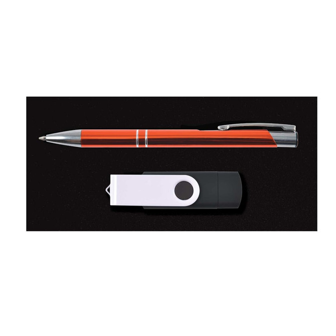 A black and white flash drive alongside an orange pen, both displayed on a black background.