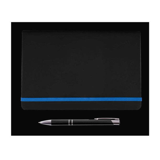 A black notebook with a blue elastic band and a silver pen placed beside it.