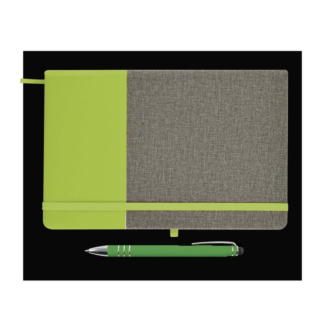 A notebook with a textured gray cover and vibrant green accents, accompanied by a matching green pen.