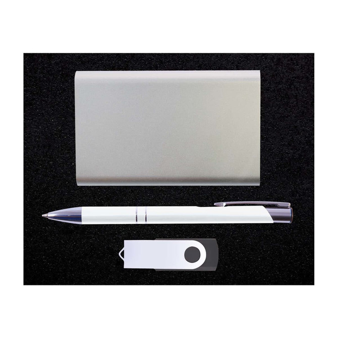 A power bank gift set featuring a sleek metallic case, a white pen with a silver clip, and a USB drive.