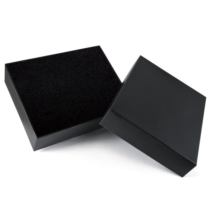 A black gift box with a removable lid, featuring a textured interior and a smooth exterior.