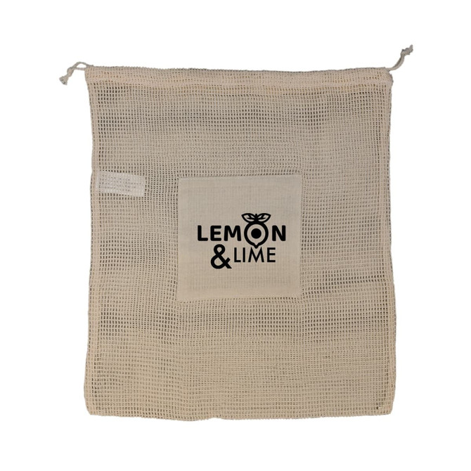A beige mesh bag with a square pocket and a logo. It features a drawstring closure for secure storage.