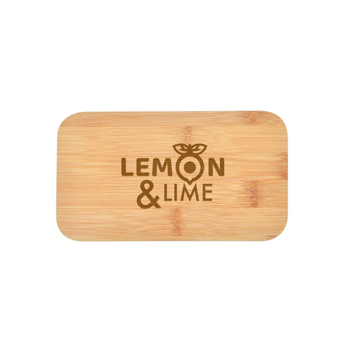 A bamboo cutting board in a rectangular shape with a printed logo design.