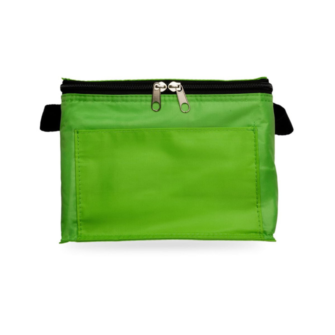 A green zipper pouch with a flat design and a front pocket, suitable for holding small items.