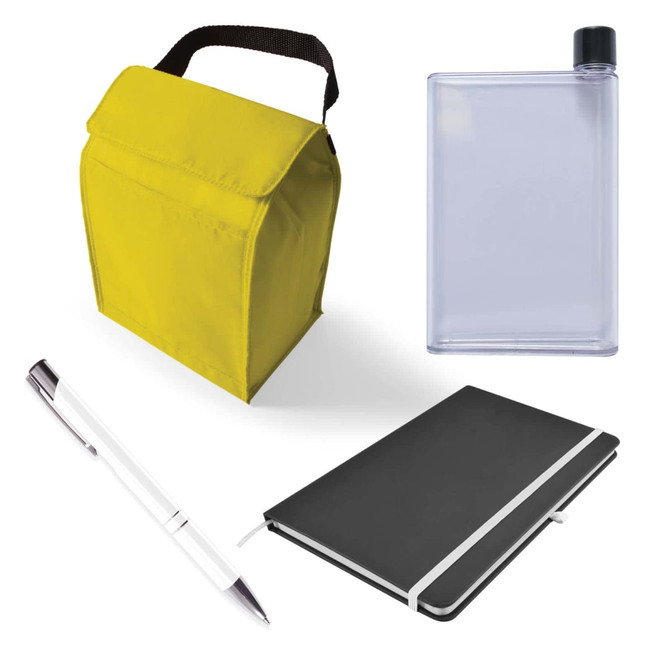 A yellow cooler bag, a transparent drink bottle, a silver pen, and a black notebook are featured in the image.
