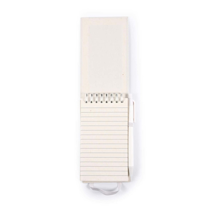A notepad with a spiral binding and lined pages, accompanied by a pen, in a light color.