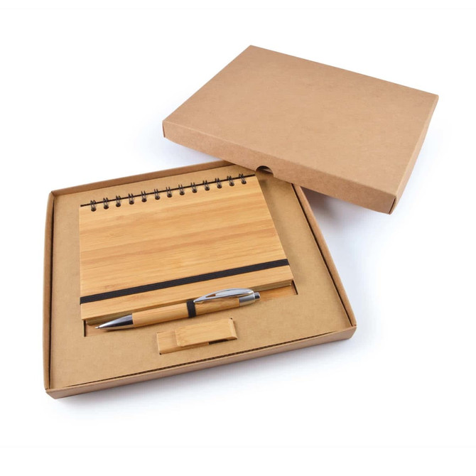 A bamboo notebook with a pen and a matching pen holder, presented in a kraft gift box.