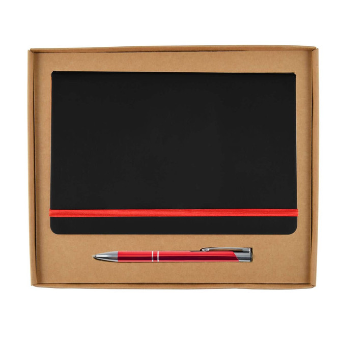 A cardboard gift set featuring a black notebook with a red elastic band and a silver pen.