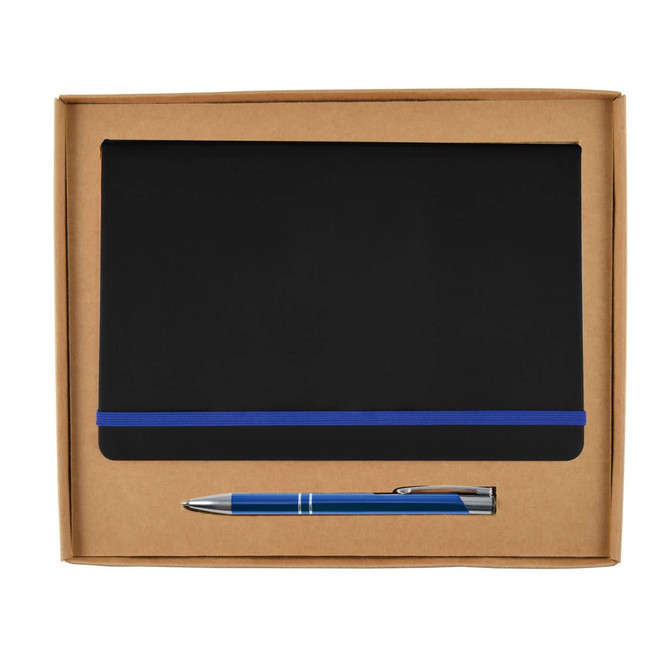 A cardboard gift set featuring a sleek notebook with a blue elastic band and a silver pen.