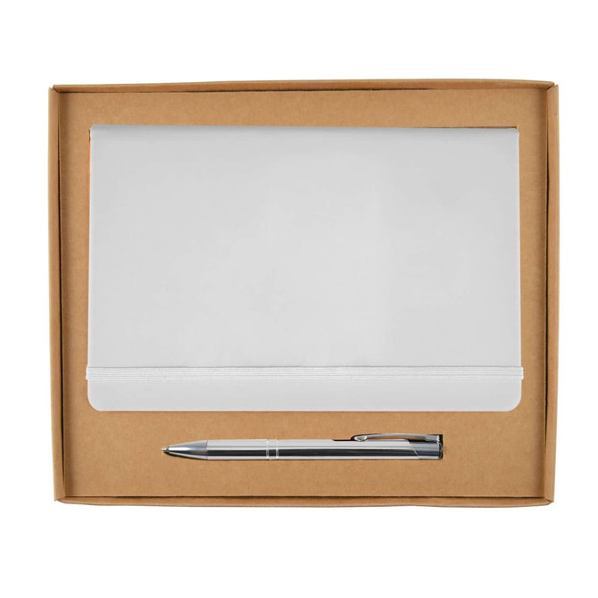 A white notebook and a silver pen are displayed in a brown cardboard gift set box.